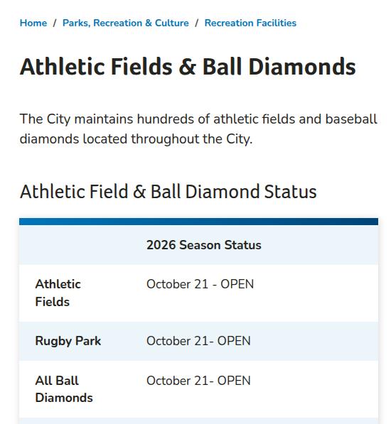 Dated screenshot of the City of Regina Athletic Fields and Ball Diamonds page. On October 21, 2026, the visible 2026 season rows show Athletic Fields, Rugby Park, and All Ball Diamonds open.