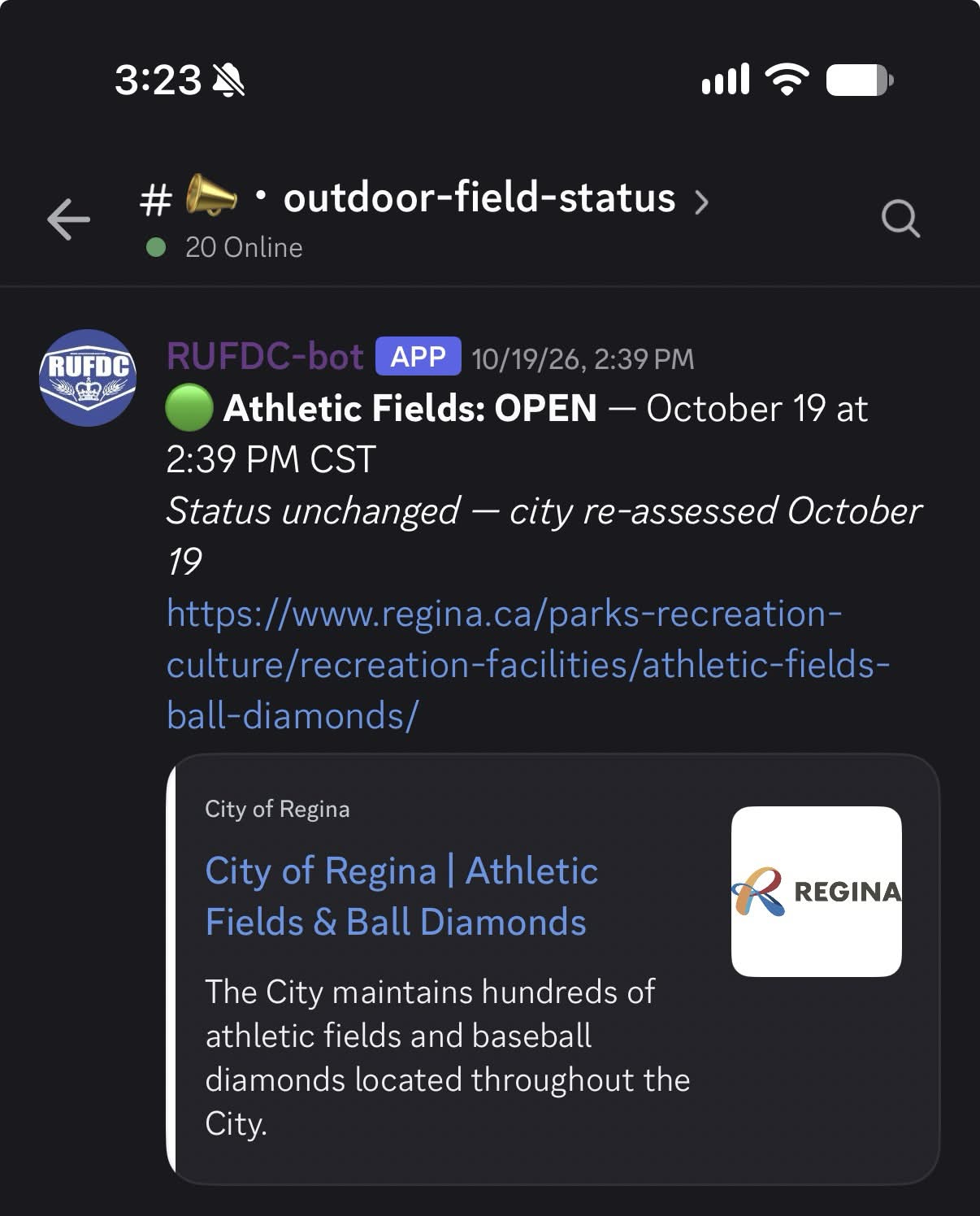 Actual Discord screenshot of the Field Bot's October 19, 2026 message reporting Athletic Fields open, with the City of Regina page preview. Historical, not live status.