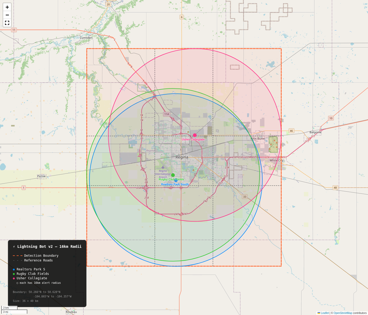 Static Lightning Bot coverage map showing a 16 kilometre radius around Realtors Park South, Rugby Club Fields, and Usher Collegiate. No current strike locations are shown.